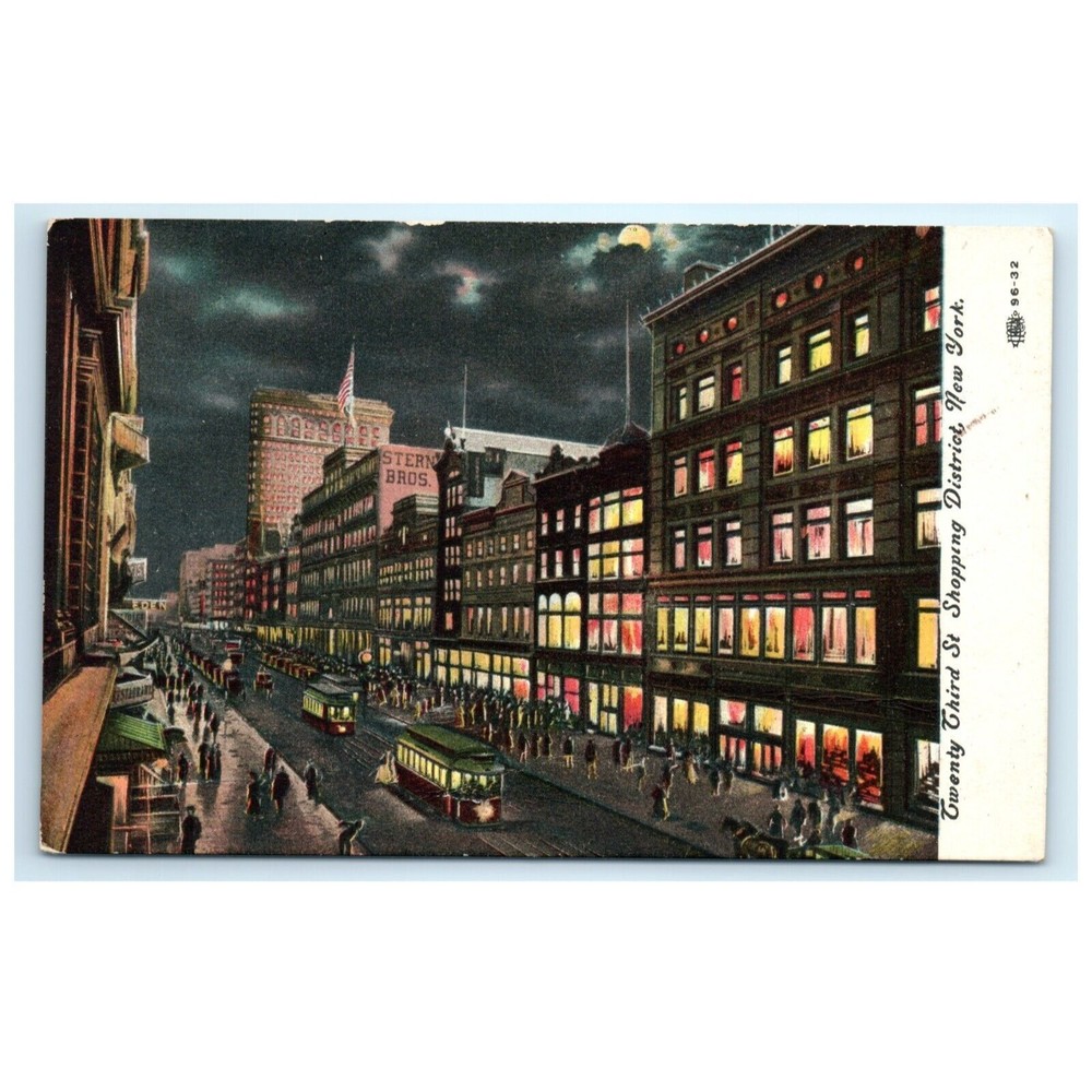 VTG Postcard 23RD STREET SHOPPING DISTRICT AT NIGHT New York City NY Circa 1908